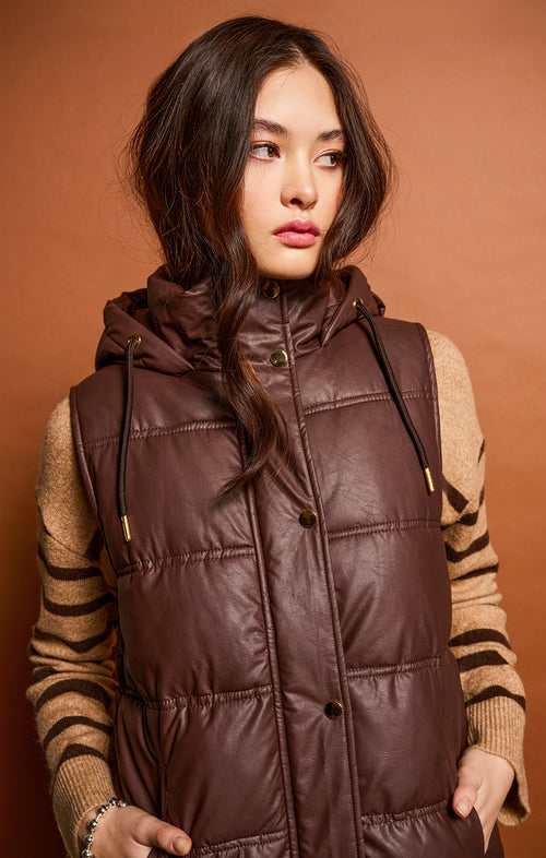 HOODED FAUX LEATHER VEST - DEX