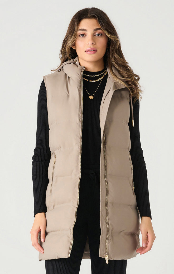 HOODED PUFFER VEST - TAUPE